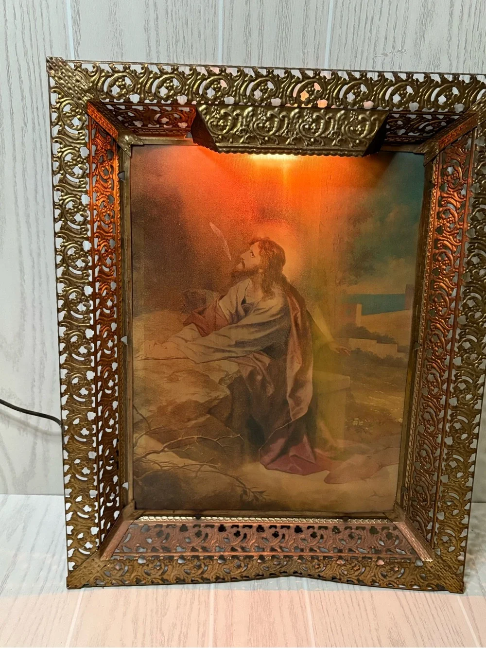 Vintage Antique Lighted 3D Hologram Jesus Lenticular Framed Metal Tested